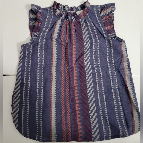 Loft Aztec Print Ruffle Cap Sleeves and Mock Neck Keyhol Back Tank Top - Picture 1 of 7